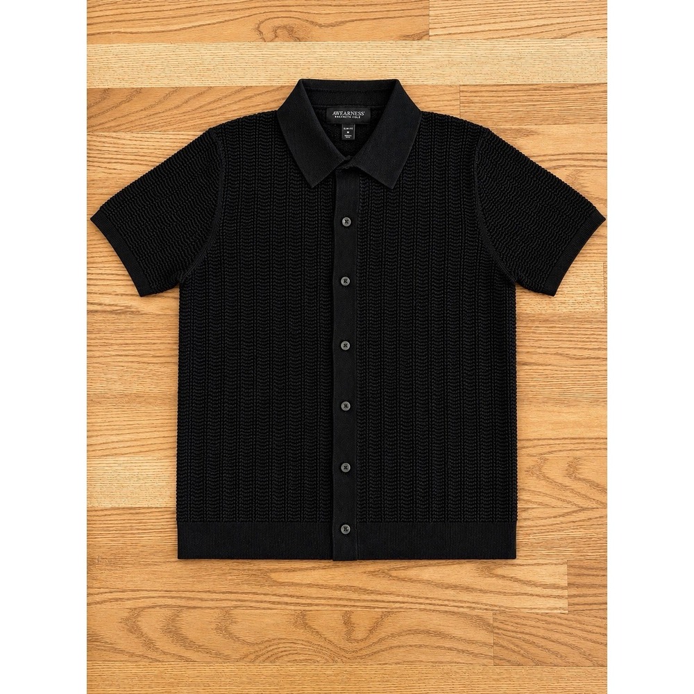 Awearness Kenneth Cole Black Textured Knit Button Front Polo Sweater Shirt M